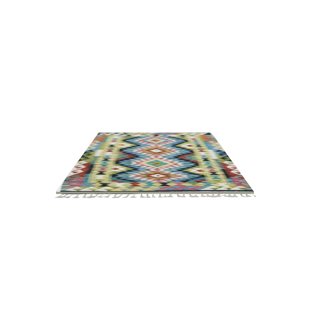 Afghan Kilim Rug 3x4 | Blue, Olive Green & Navy | Hand-Woven Wool Flatweave | True-Size 3D Rug | View in Your Room