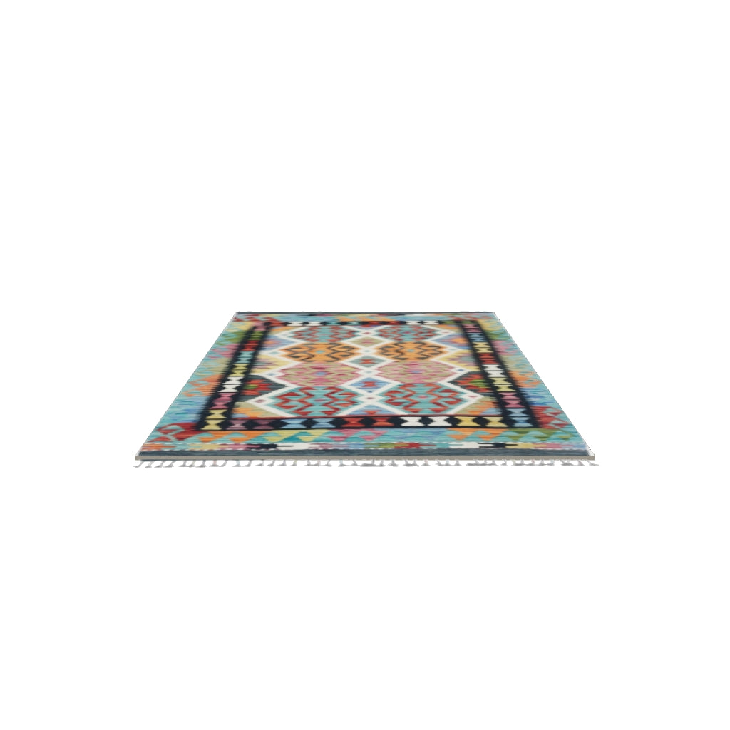 Afghan Kilim Rug 3x5 | Teal, Orange & Ivory | Hand-Woven Wool Flatweave | True-Size 3D Rug | View in Your Room