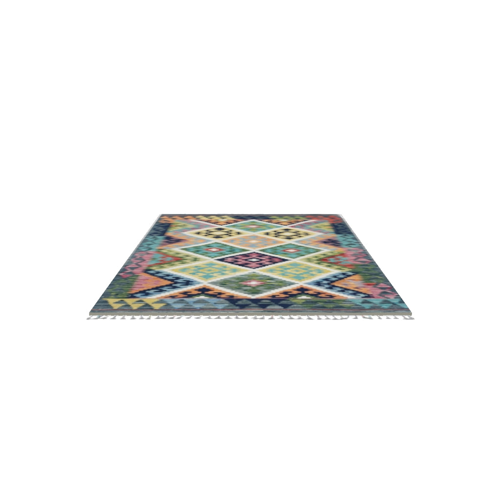 Afghan Kilim Rug 3x5 | Green, Ivory & Gold | Hand-Woven Wool Flatweave | True-Size 3D Rug | View in Your Room