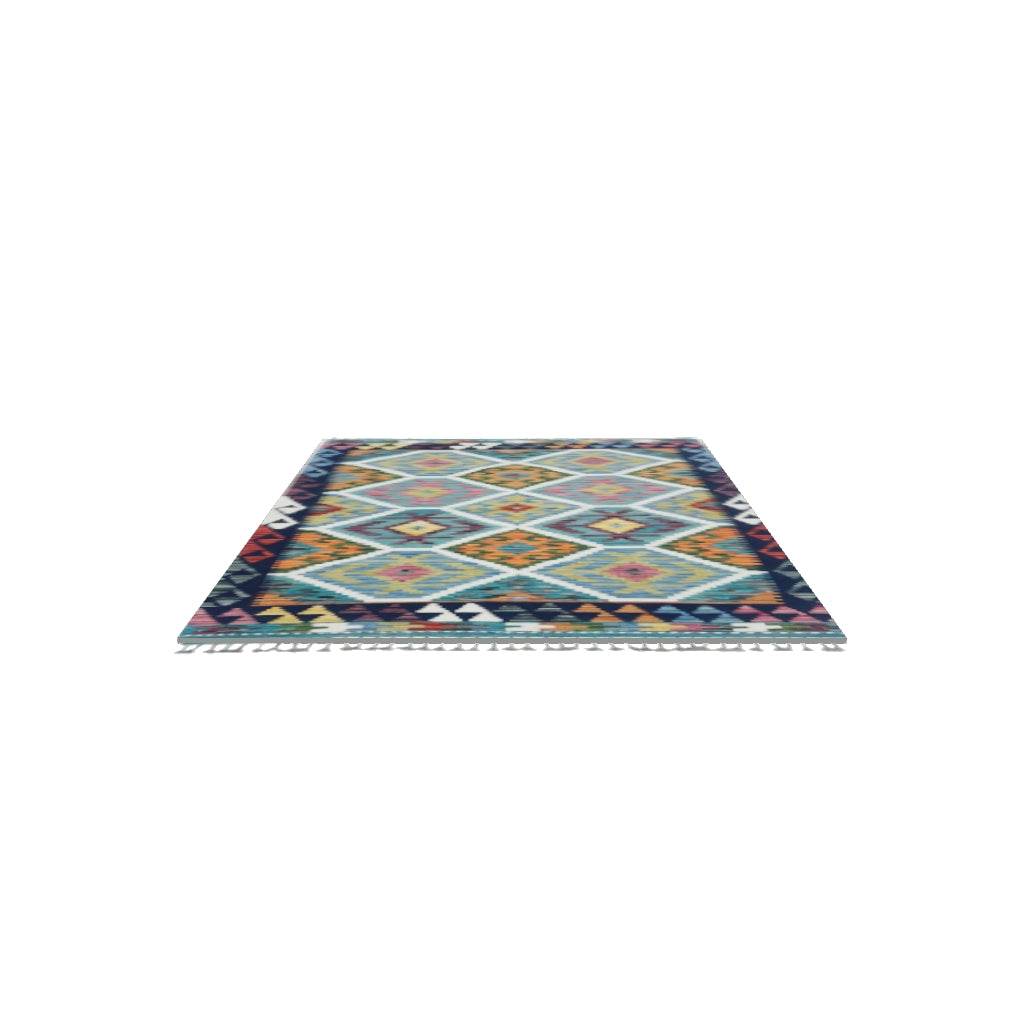 Afghan Kilim Rug 3x5 | Blue, Navy & Orange | Hand-Woven Wool Flatweave | True-Size 3D Rug | View in Your Room