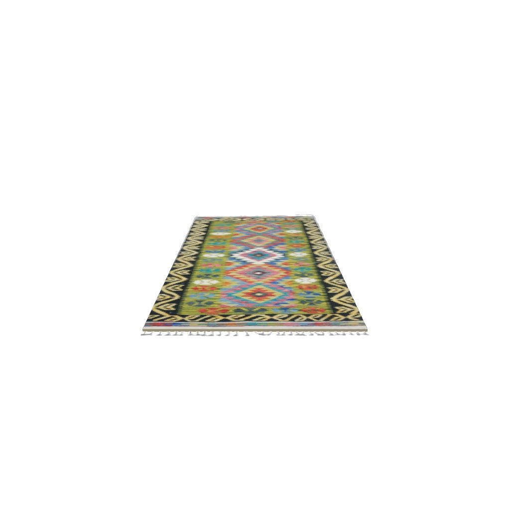 Afghan Kilim Runner 3x7 | Olive Green, Black & Gold | Hand-Woven Wool Flatweave | True-Size 3D Rug | View in Your Room