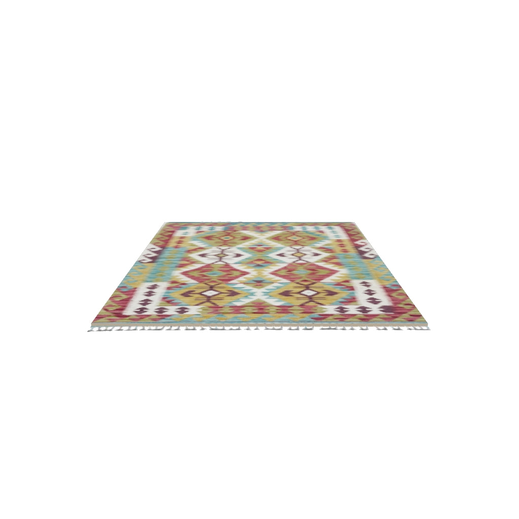 Afghan Kilim Rug 3x5 | Red, Olive Green & Ivory | Hand-Woven Wool Flatweave | True-Size 3D Rug | View in Your Room