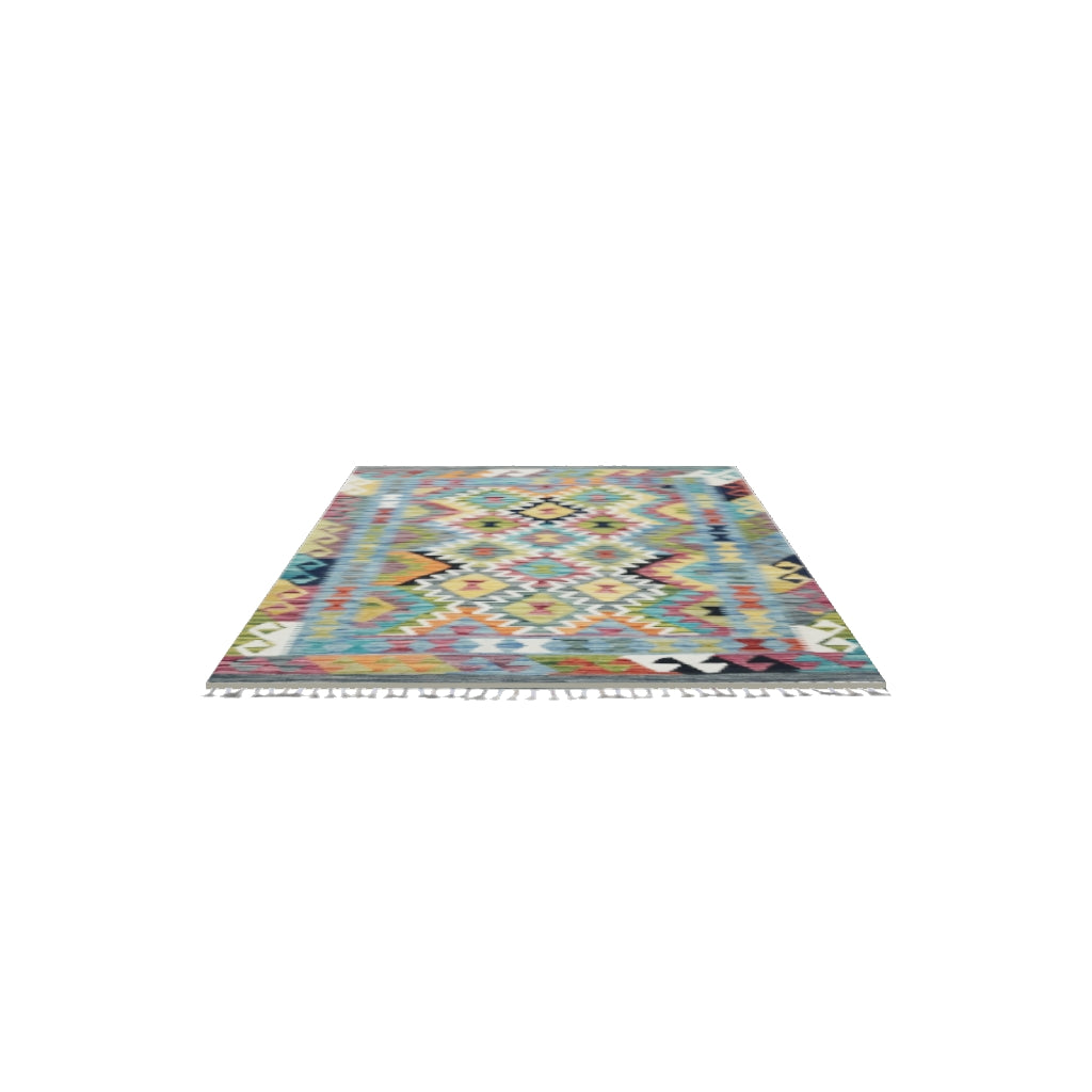 Afghan Kilim Rug 3x5 | Gray, Teal & Gold | Hand-Woven Wool Flatweave | True-Size 3D Rug | View in Your Room