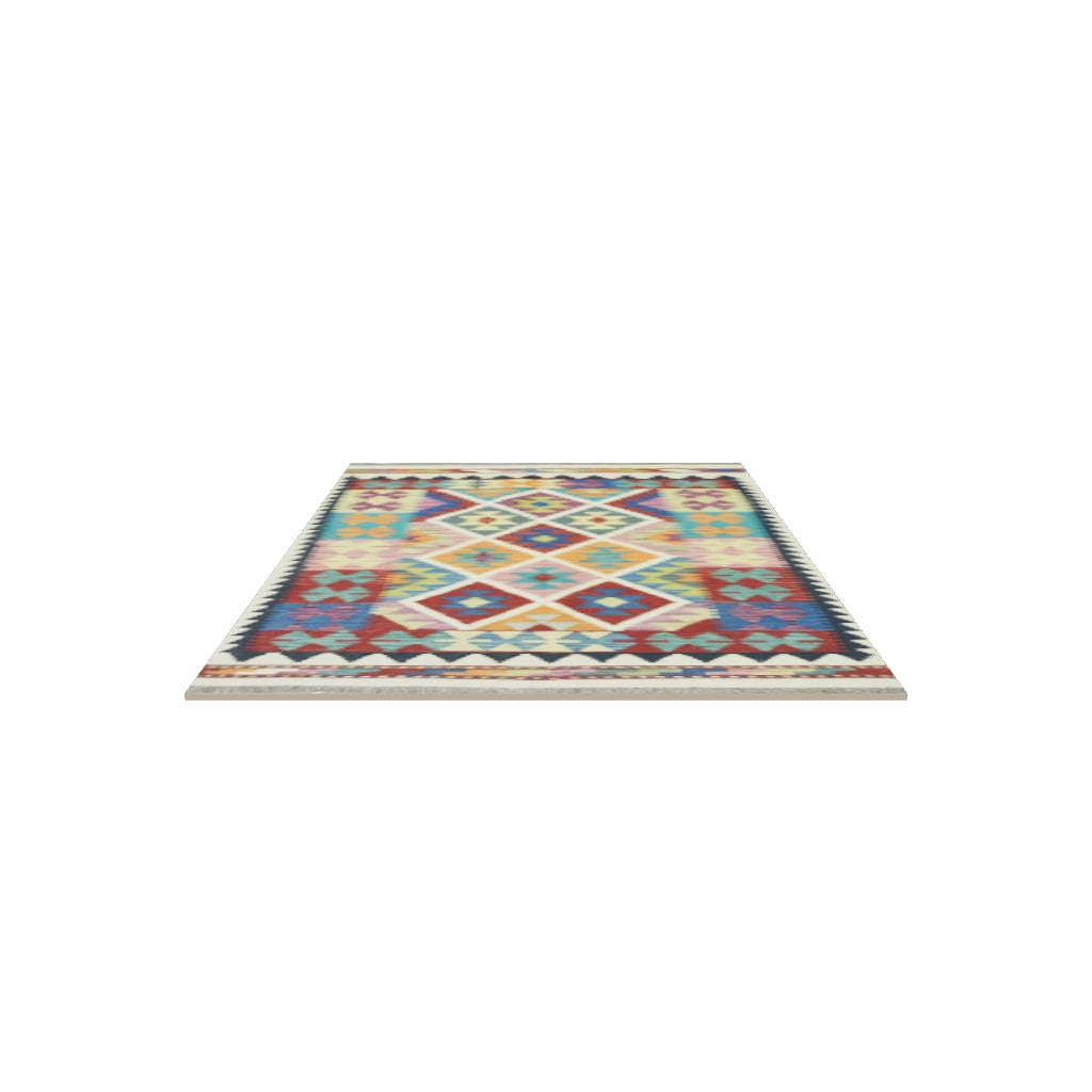 Afghan Kilim Rug 3x5 | Ivory, Rust & Teal | Hand-Woven Wool Flatweave | True-Size 3D Rug | View in Your Room