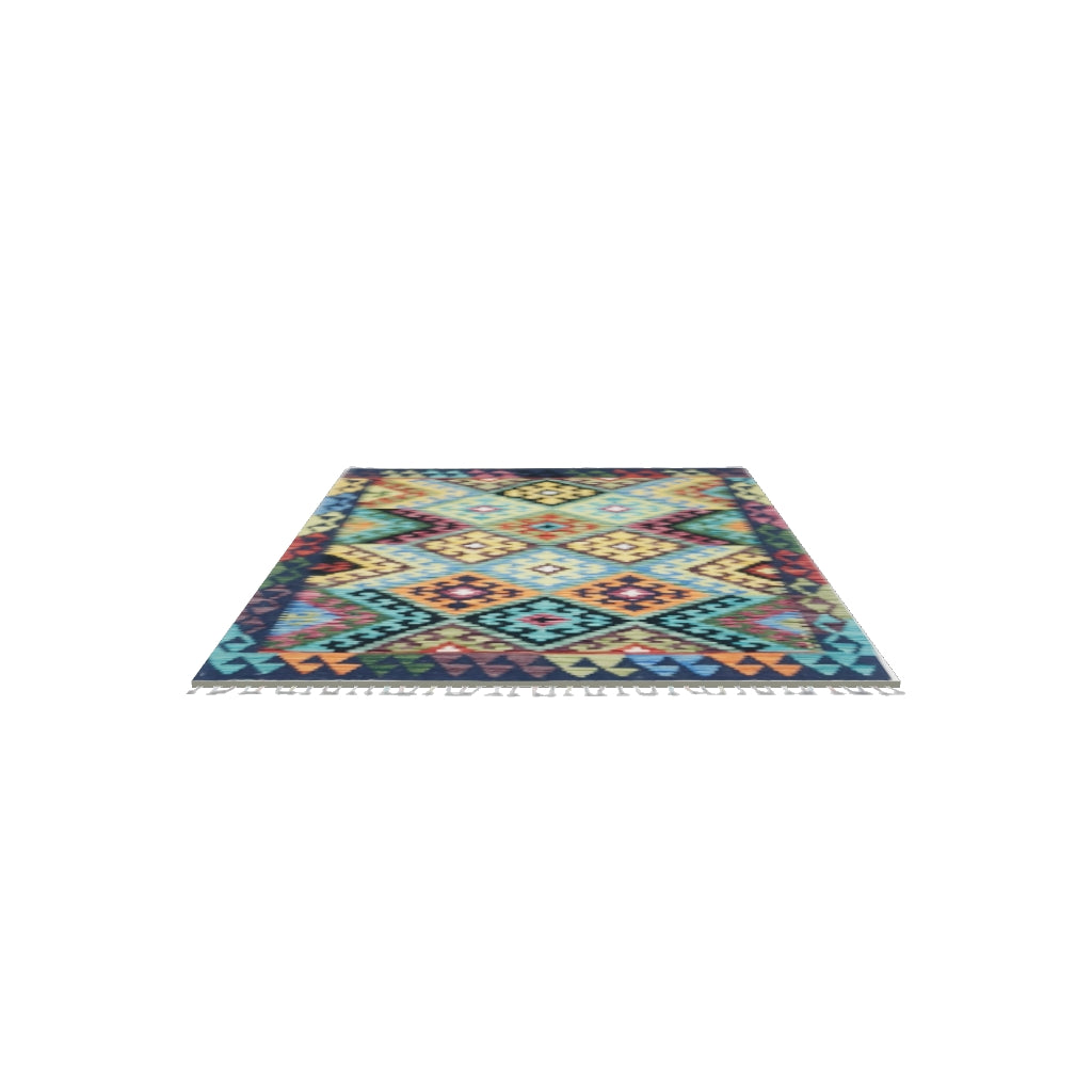 Afghan Kilim Rug 3x5 | Teal, Gold & Green | Hand-Woven Wool Flatweave | True-Size 3D Rug | View in Your Room