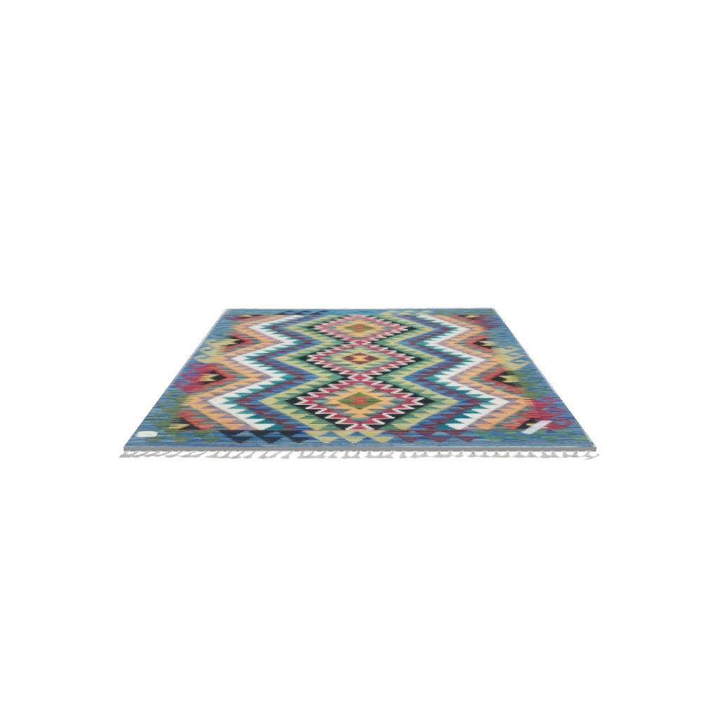 Afghan Kilim Rug 3x5 | Blue, Green & Orange | Hand-Woven Wool Flatweave | True-Size 3D Rug | View in Your Room