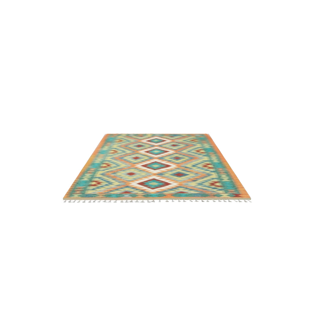 Afghan Kilim Rug 3x6 | Teal, Olive Green & Orange | Hand-Woven Wool Flatweave | True-Size 3D Rug | View in Your Room