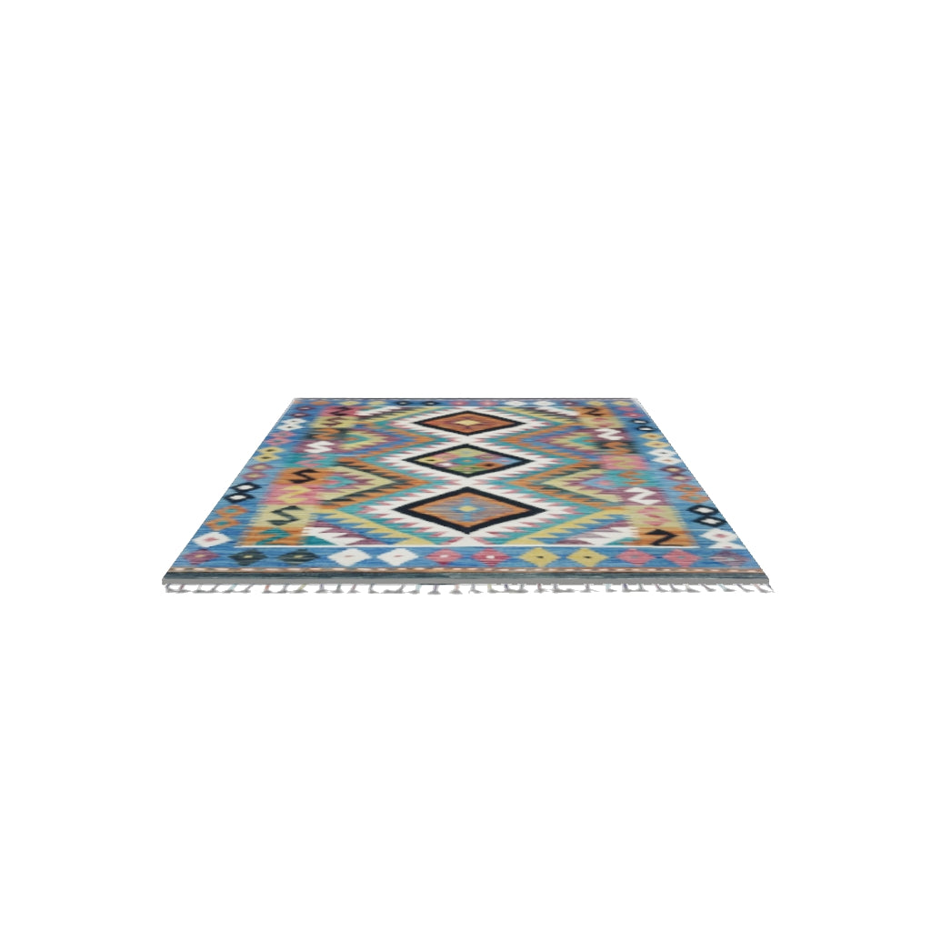 Afghan Kilim Rug 3x5 | Blue, Ivory & Black | Hand-Woven Wool Flatweave | True-Size 3D Rug | View in Your Room