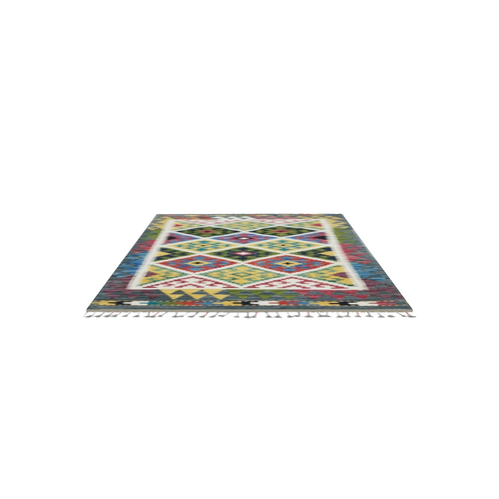 Afghan Kilim Rug 3x5 | Gray, Olive Green & Ivory | Hand-Woven Wool Flatweave | True-Size 3D Rug | View in Your Room