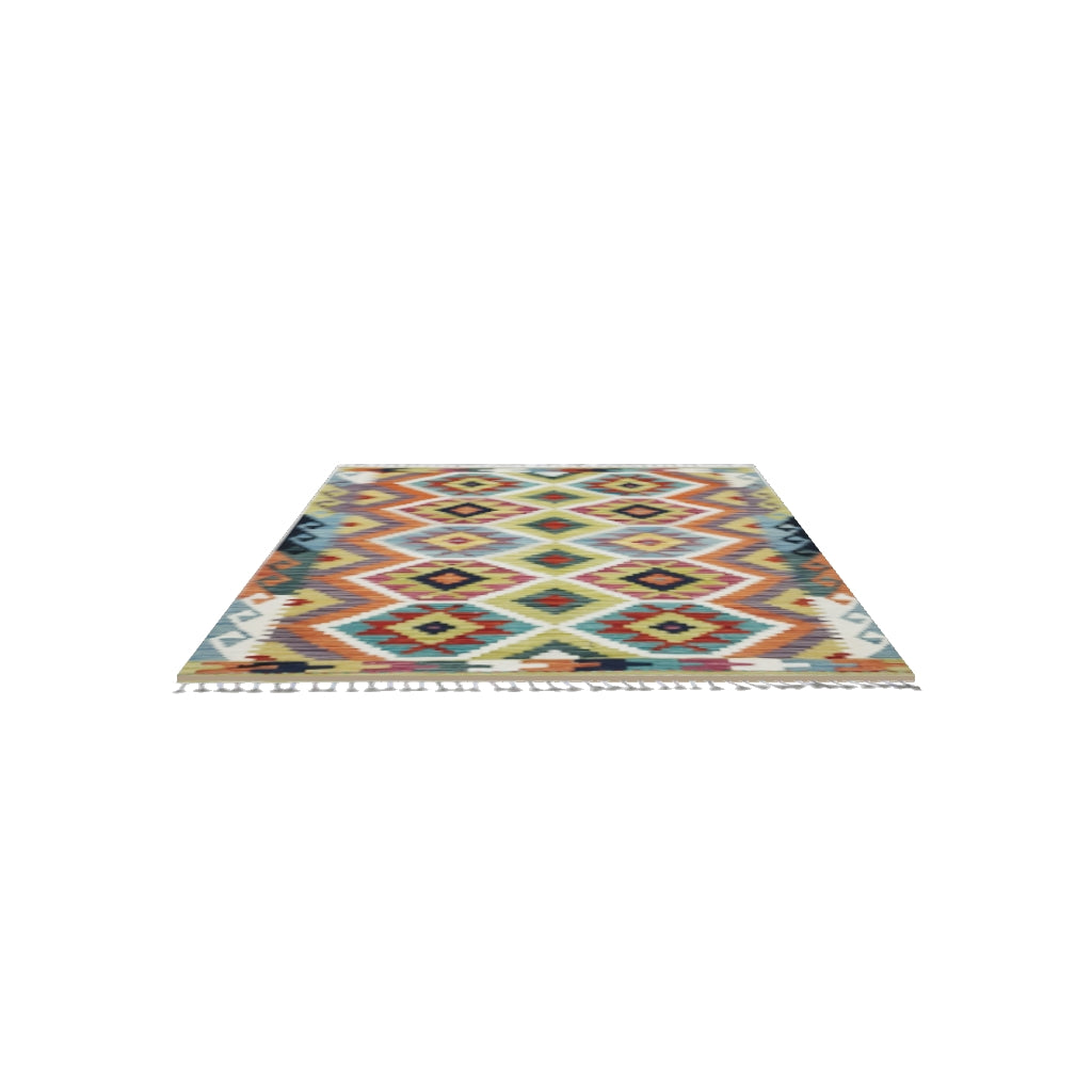 Afghan Kilim Rug 3x5 | Olive Green, Rust & Teal | Diamond Lattice Wool Flatweave | True-Size 3D Rug | View in Your Room
