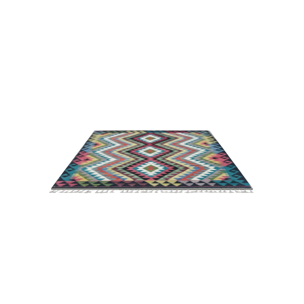 Afghan Kilim Rug 3x5 | Black, Teal & Pink | Hand-Woven Wool Flatweave | True-Size 3D Rug | View in Your Room