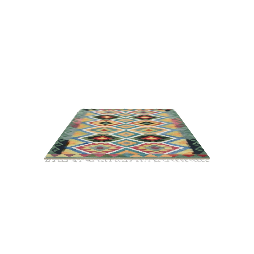 Afghan Kilim Rug 3x5 | Green, Orange & Teal | Hand-Woven Wool Flatweave | True-Size 3D Rug | View in Your Room