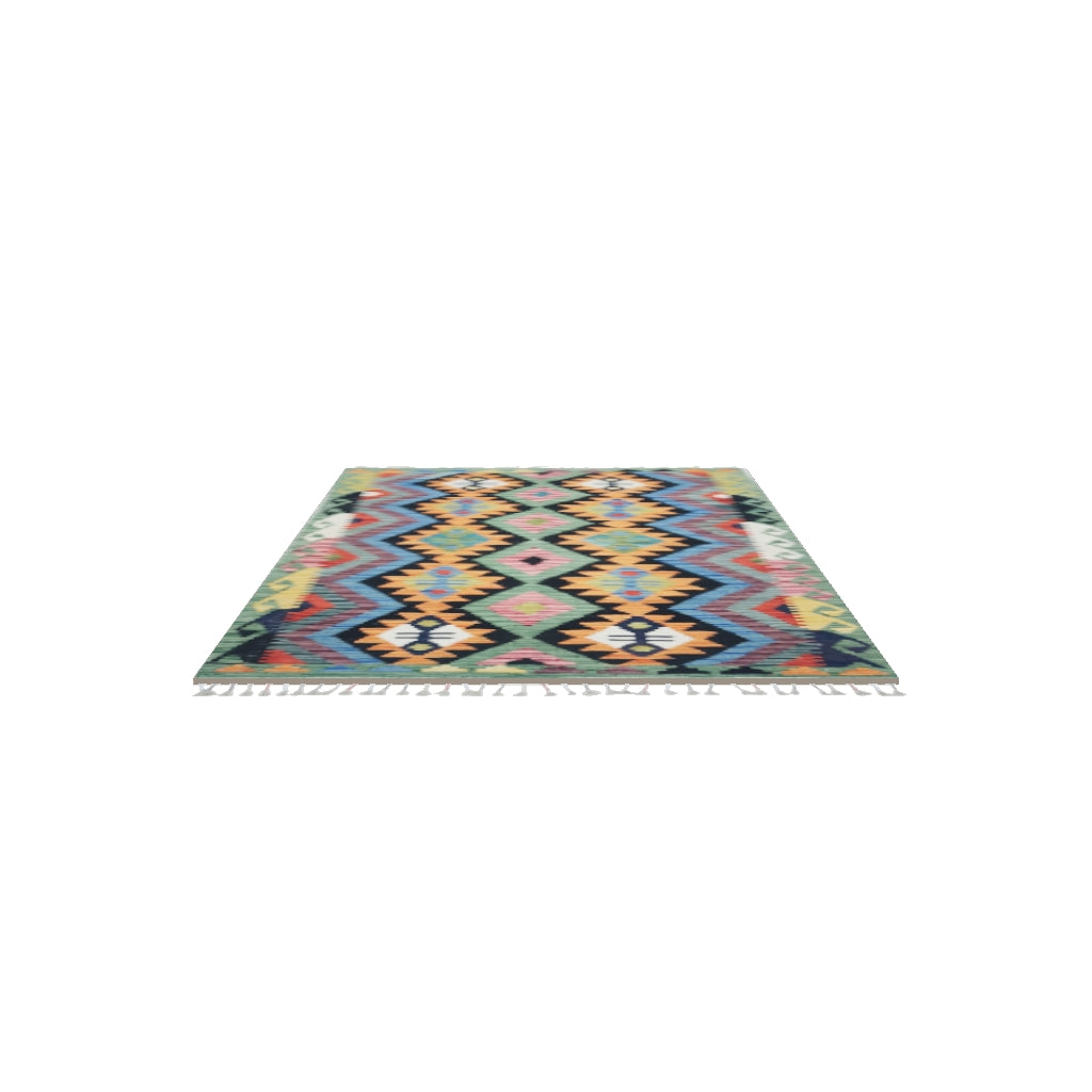 Afghan Kilim Rug 3x5 | Black, Orange & Green | Hand-Woven Wool Flatweave | True-Size 3D Rug | View in Your Room