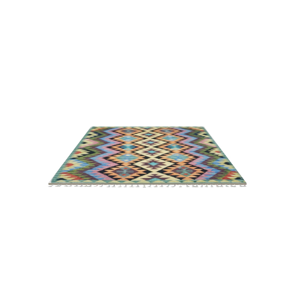 Afghan Kilim Rug 3x5 | Black, Gold & Orange | Hand-Woven Wool Flatweave | True-Size 3D Rug | View in Your Room