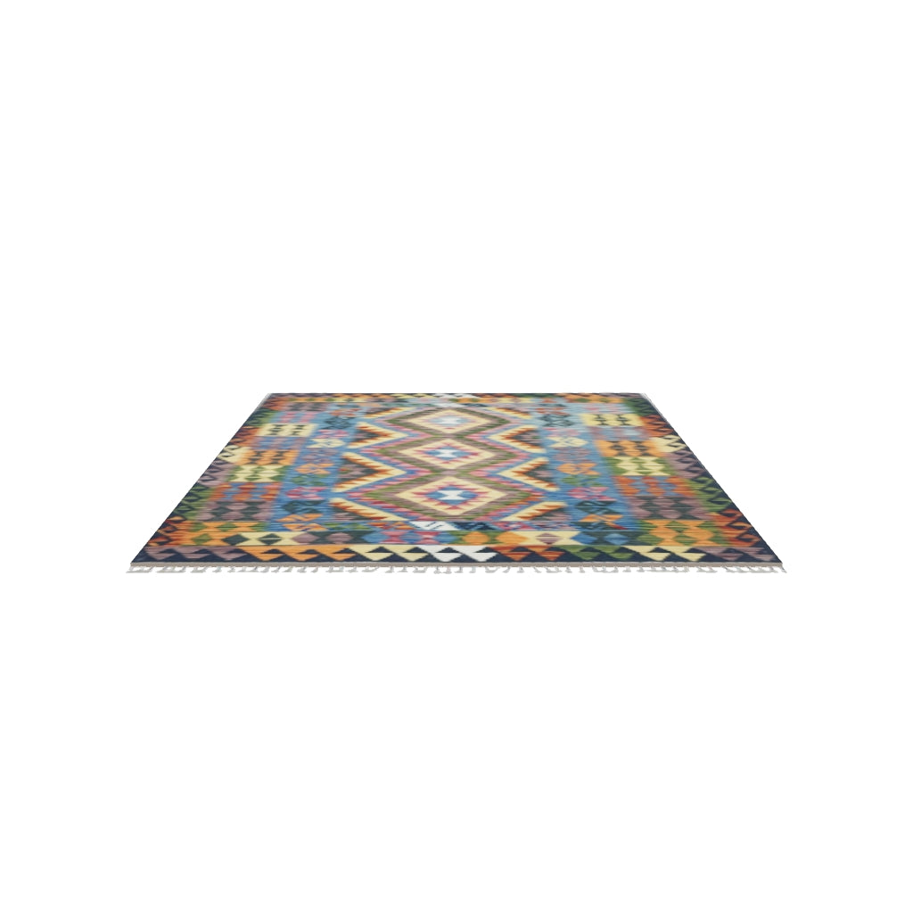 Afghan Kilim Rug 4x6 | Blue, Navy & Gold | Hand-Woven Wool Flatweave | True-Size 3D Rug | View in Your Room