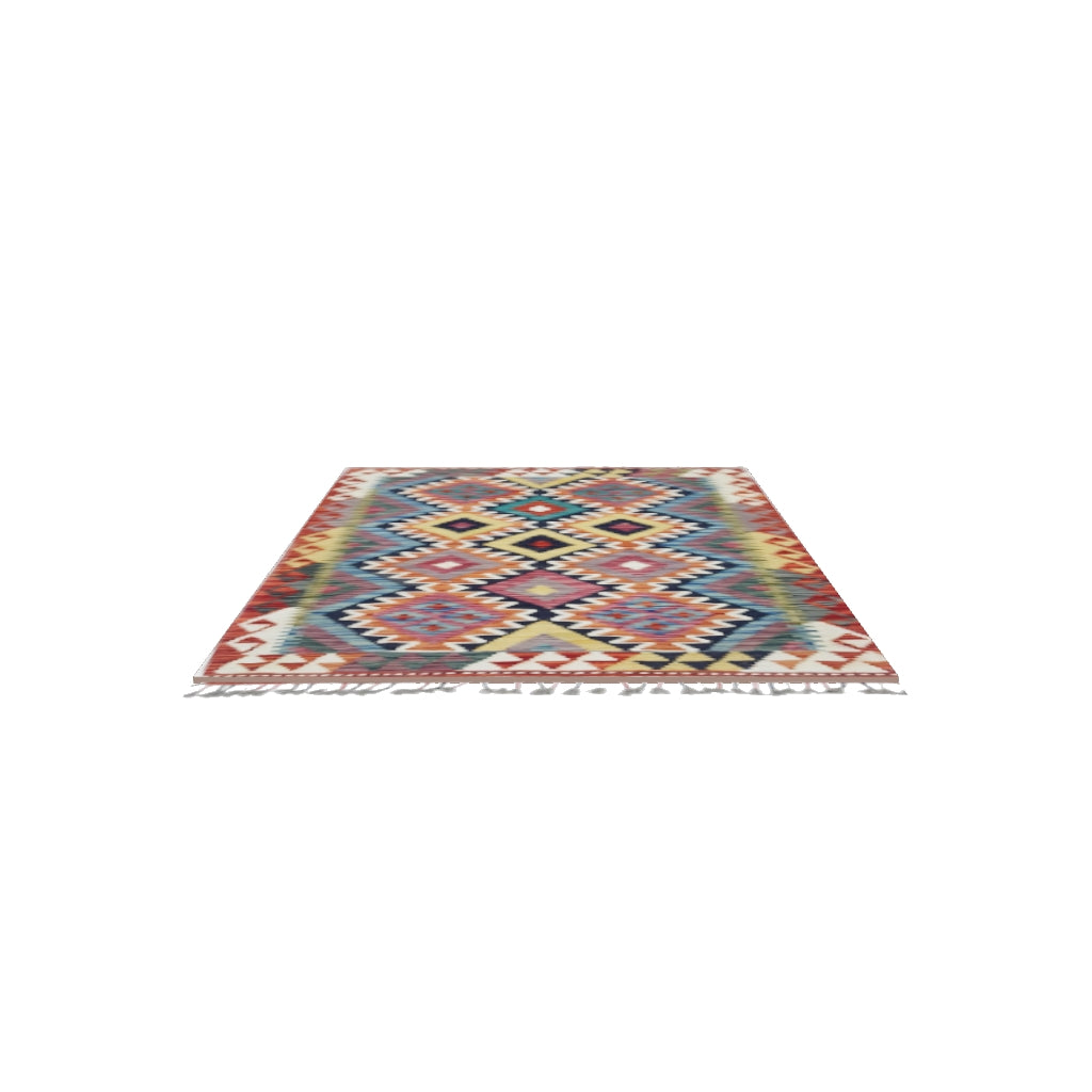Afghan Kilim Rug 3x5 | Rust, Blue & Orange | Hand-Woven Wool Flatweave | True-Size 3D Rug | View in Your Room
