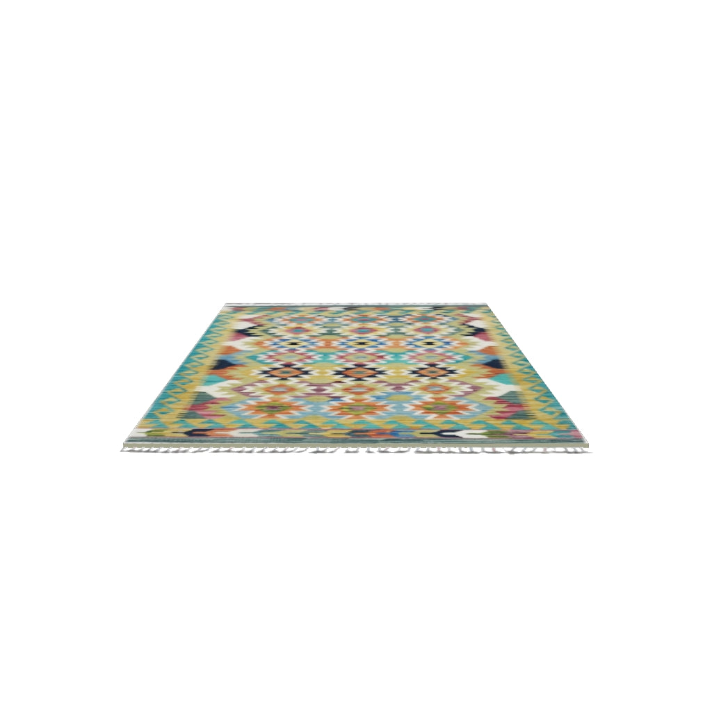 Afghan Kilim Rug 3x5 | Olive Green, Teal & Gold | Hand-Woven Wool Flatweave | True-Size 3D Rug | View in Your Room