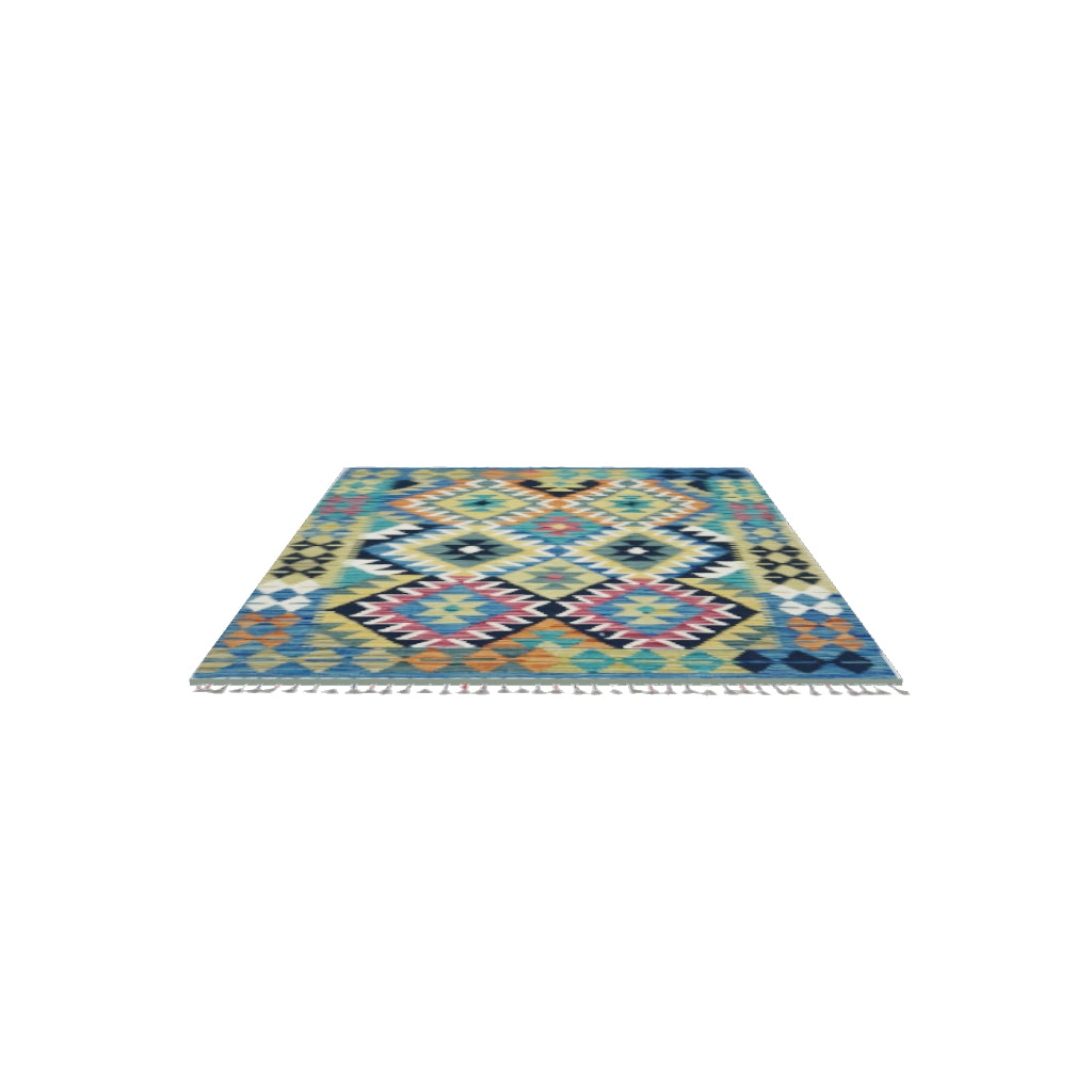 Afghan Kilim Rug 3x5 | Blue, Olive Green & Gold | Hand-Woven Wool Flatweave | True-Size 3D Rug | View in Your Room