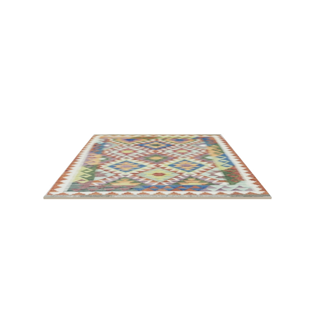 Afghan Kilim Rug 3x5 | Rust, Olive Green & Blue | Diamond Lattice Wool Flatweave | Ivory Accents | True-Size 3D Rug | View in Your Room