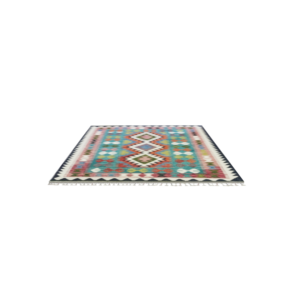 Afghan Kilim Rug 3x5 | Teal, Navy & Pink | Hand-Woven Wool Flatweave | True-Size 3D Rug | View in Your Room