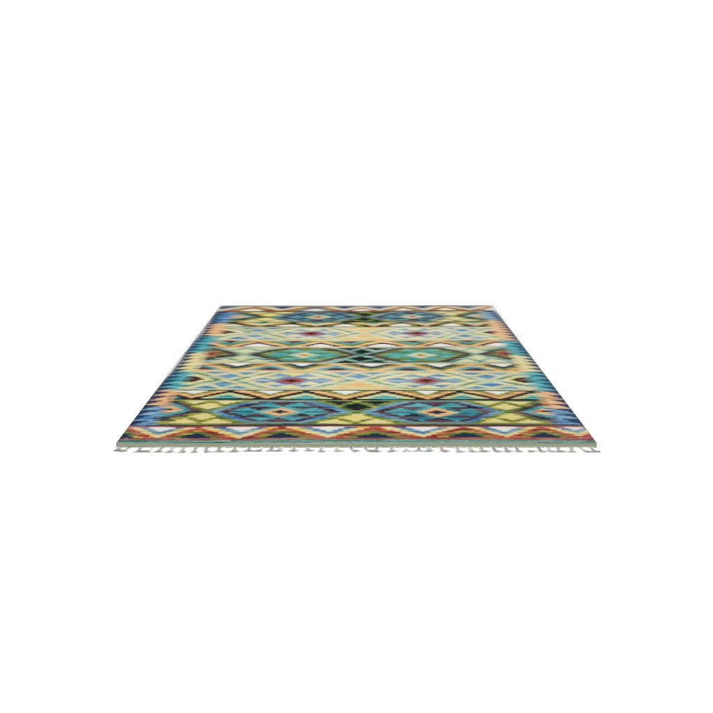 Afghan Kilim Rug 3x5 | Teal, Gold & Green | Striped Wool Flatweave | True-Size 3D Rug | View in Your Room