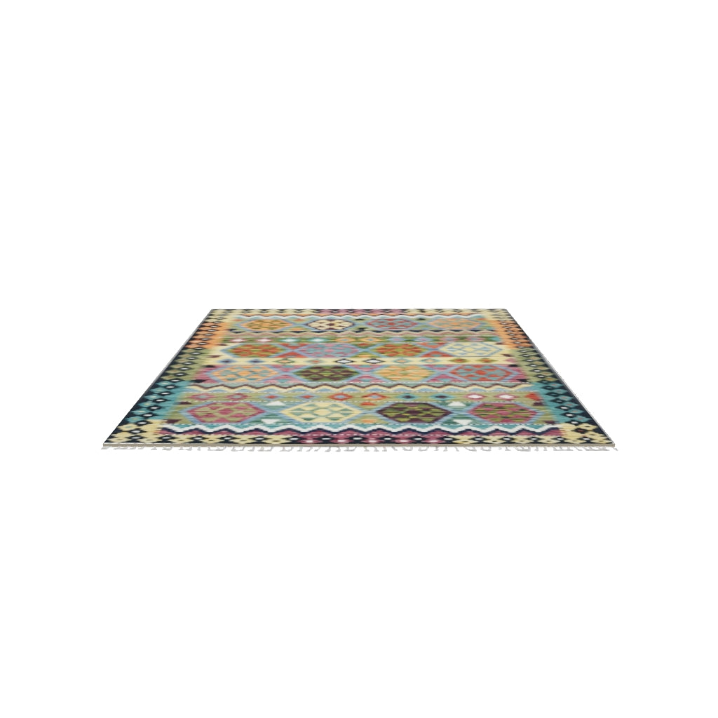 Afghan Kilim Rug 5x7 | Gold, Black & Olive Green | Hand-Woven Wool Flatweave | True-Size 3D Rug | View in Your Room