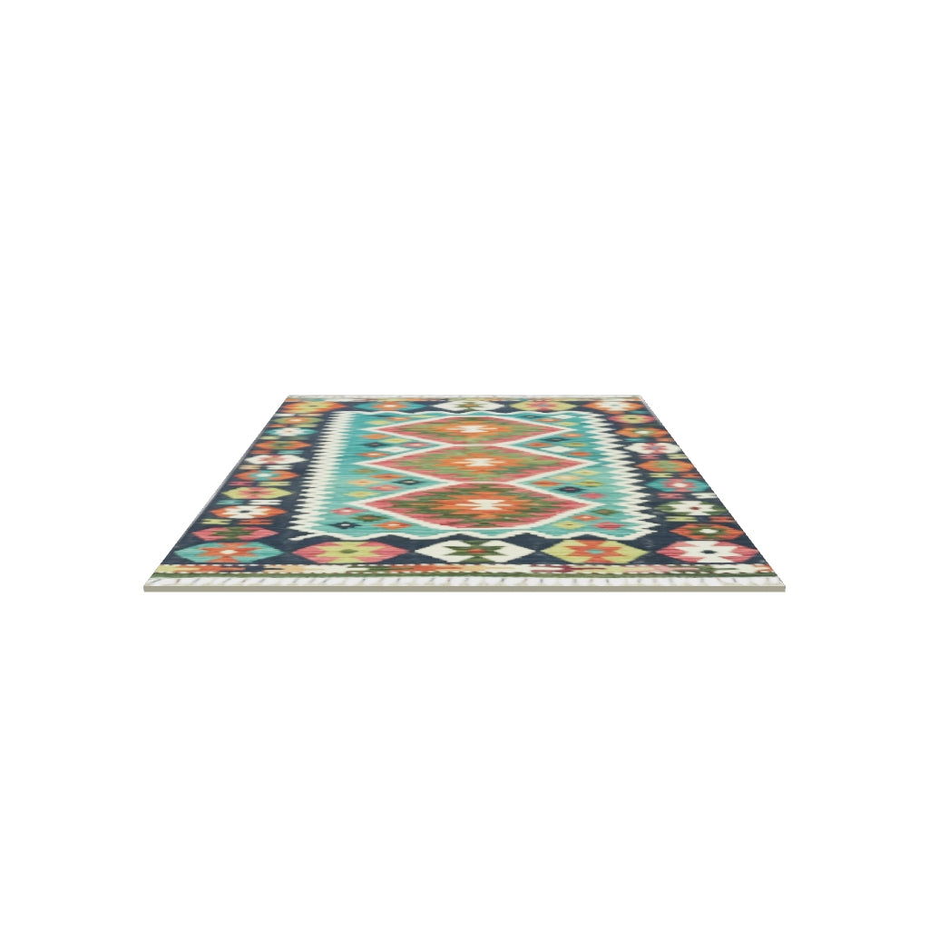 Afghan Kilim Rug 3x5 | Navy, Teal & Rust | Hand-Woven Wool Flatweave | True-Size 3D Rug | View in Your Room