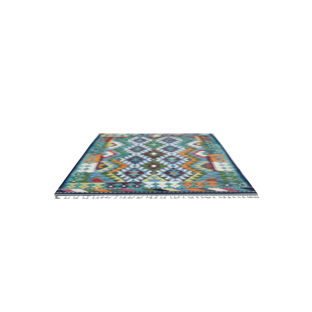 Afghan Kilim Rug 4x5 | Teal, Blue & Green | Hand-Woven Wool Flatweave | True-Size 3D Rug | View in Your Room