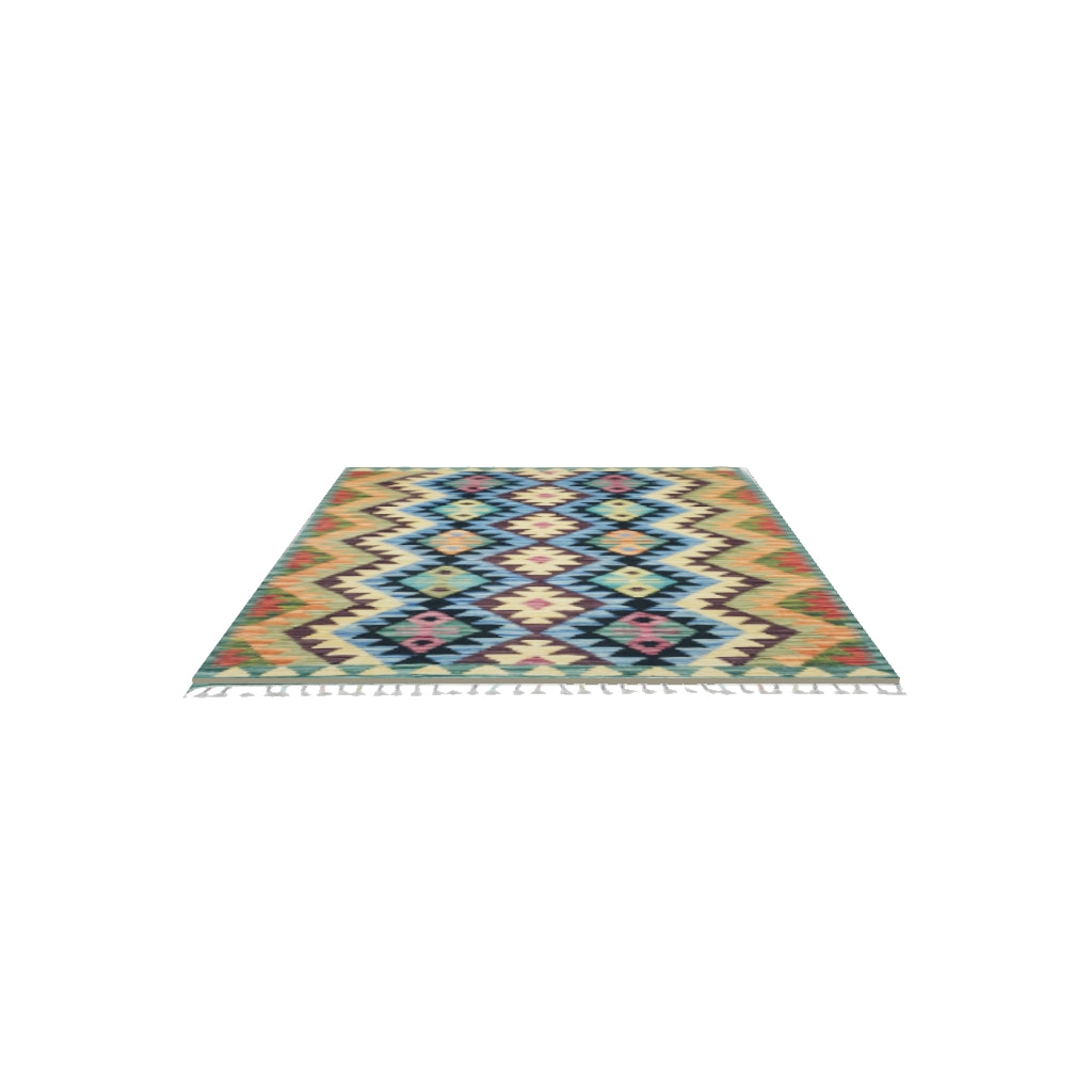 Afghan Kilim Rug 3x5 | Green, Navy & Blue | Hand-Woven Wool Flatweave | True-Size 3D Rug | View in Your Room