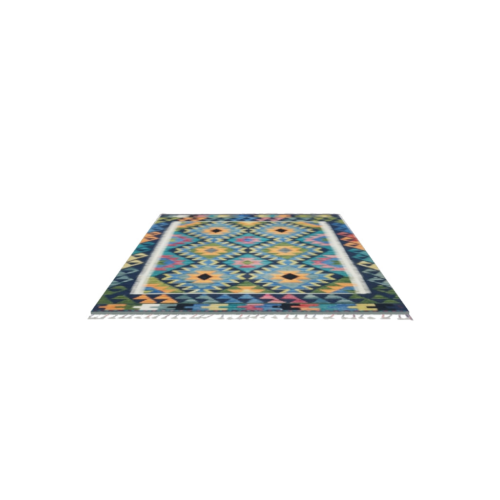 Afghan Kilim Rug 3x5 | Green, Blue & Orange | Hand-Woven Wool Flatweave | True-Size 3D Rug | View in Your Room