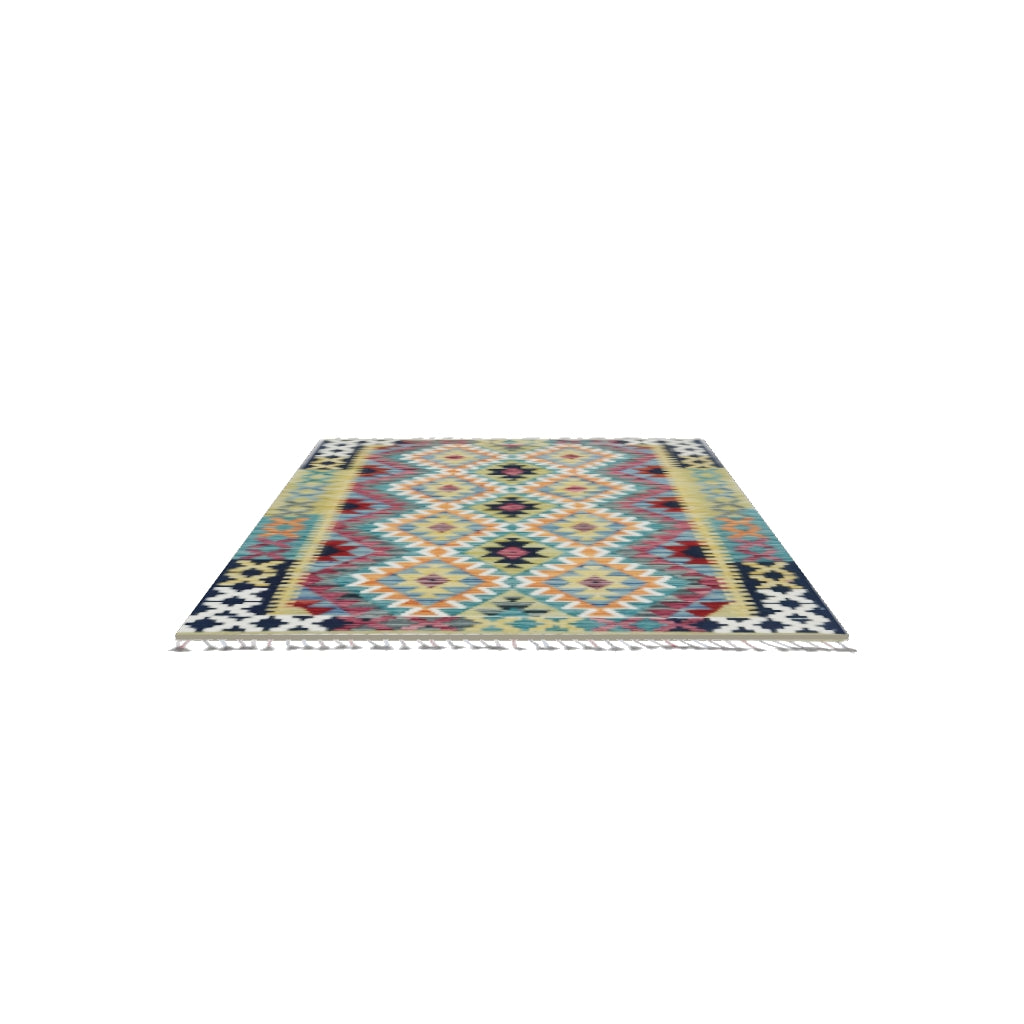 Afghan Kilim Rug 3x5 | Olive Green, Orange & Navy | Hand-Woven Wool Flatweave | True-Size 3D Rug | View in Your Room