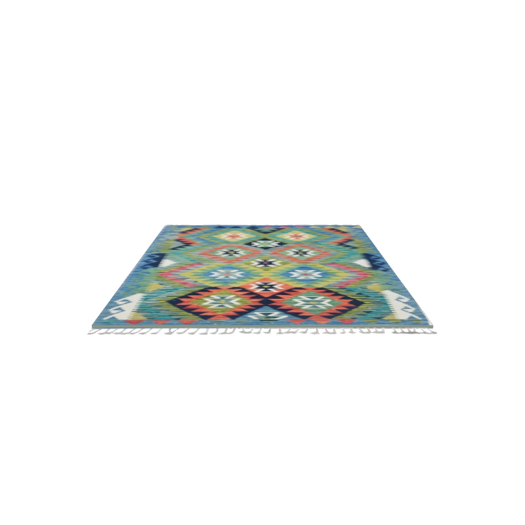 Afghan Kilim Rug 3x5 | Blue, Olive Green & Teal | Hand-Woven Wool Flatweave | True-Size 3D Rug | View in Your Room