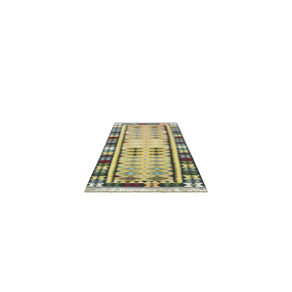 Afghan Kilim Runner 3x10 | Gold, Navy & Ivory | Hand-Woven Wool Flatweave | True-Size 3D Rug | View in Your Room