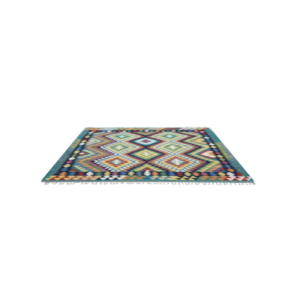 Afghan Kilim Rug 5x6 | Teal, Gold & Navy | Hand-Woven Wool Flatweave | True-Size 3D Rug | View in Your Room