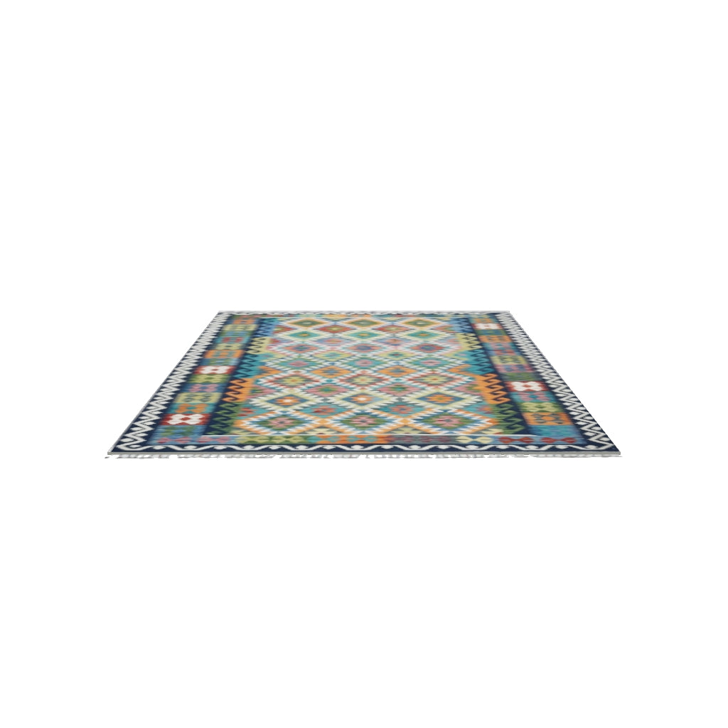 Afghan Kilim Rug 6x8 | Teal, Navy & Orange | Hand-Woven Wool Flatweave | True-Size 3D Rug | View in Your Room