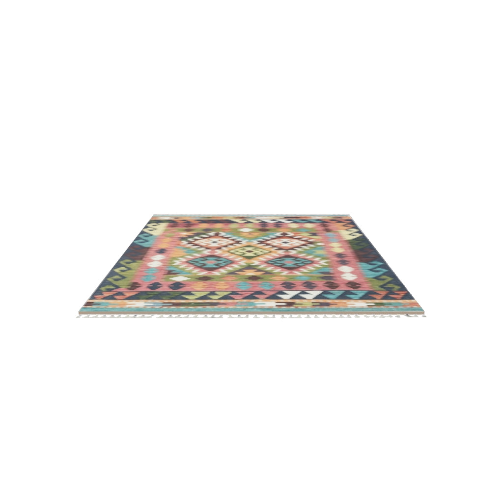 Afghan Kilim Rug 3x5 | Navy, Rust & Teal | Hand-Woven Wool Flatweave | True-Size 3D Rug | View in Your Room