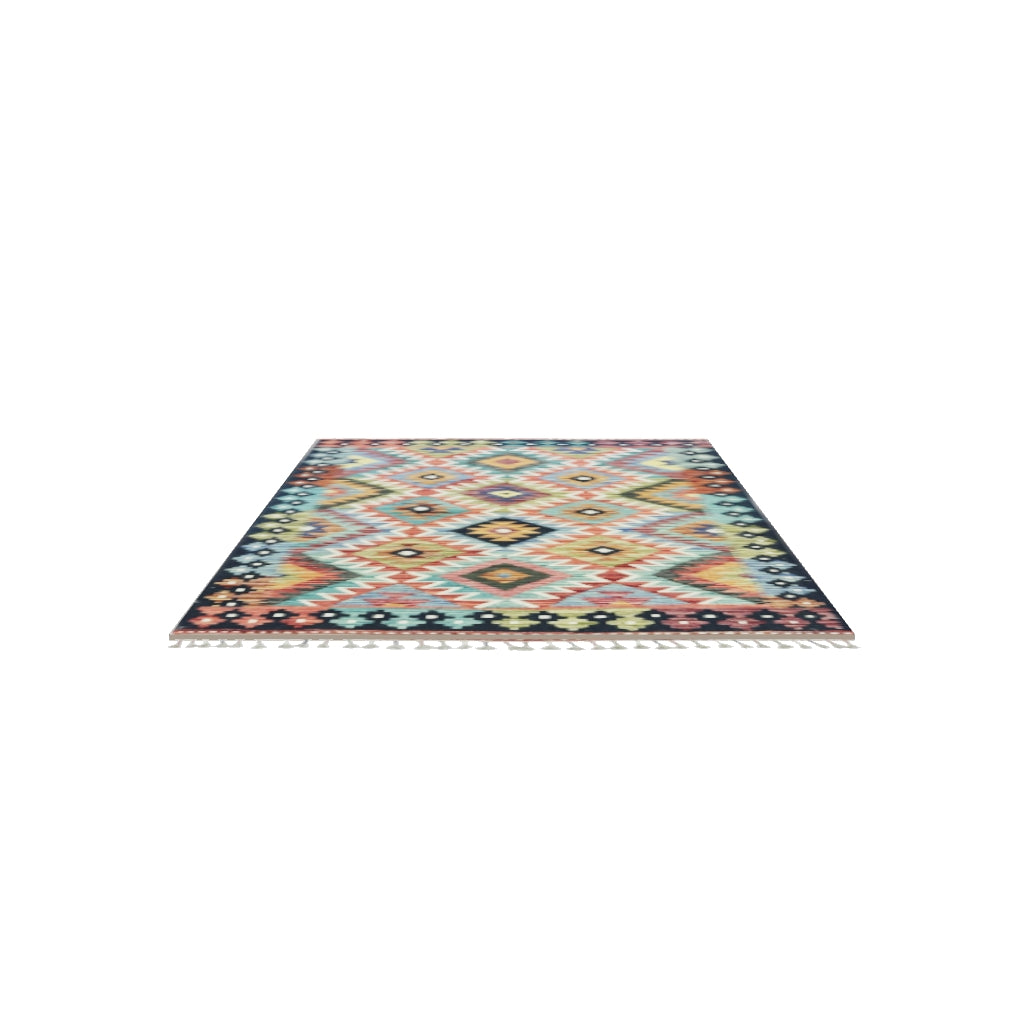 Afghan Kilim Rug 3x5 | Rust, Teal & Navy | Hand-Woven Wool Flatweave | True-Size 3D Rug | View in Your Room