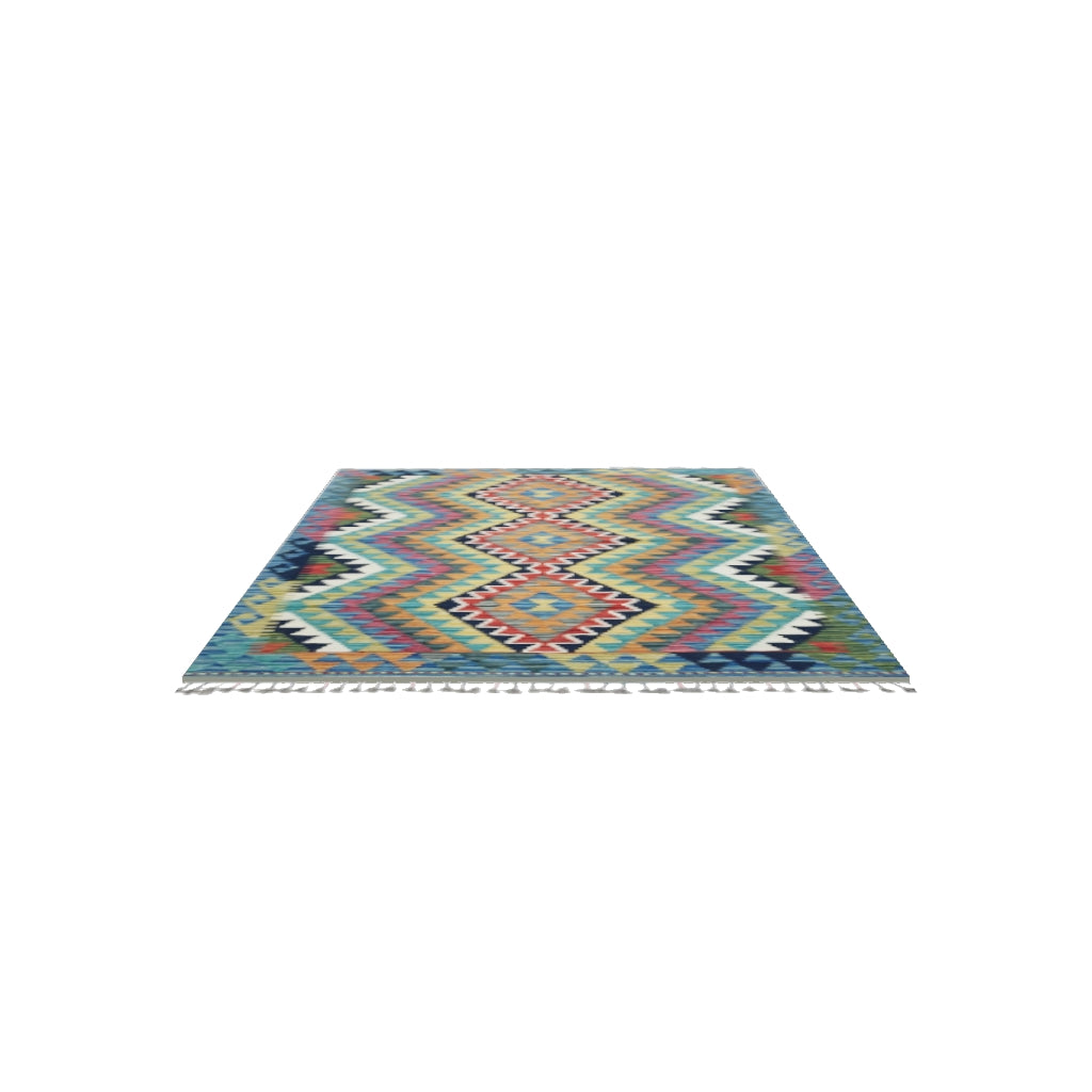 Afghan Kilim Rug 3x5 | Teal, Olive Green & Rust | Hand-Woven Wool Flatweave | True-Size 3D Rug | View in Your Room