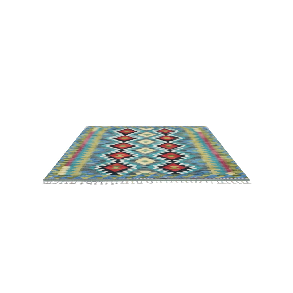 Afghan Kilim Rug 4x5 | Teal, Olive Green & Black | Hand-Woven Wool Flatweave | True-Size 3D Rug | View in Your Room