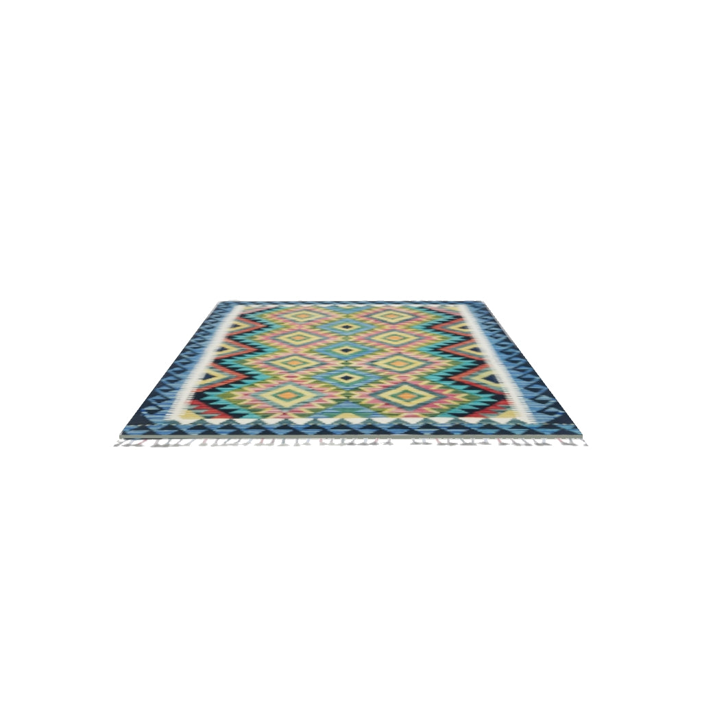 Afghan Kilim Rug 4x5 | Navy, Blue & Teal | Hand-Woven Wool Flatweave | True-Size 3D Rug | View in Your Room