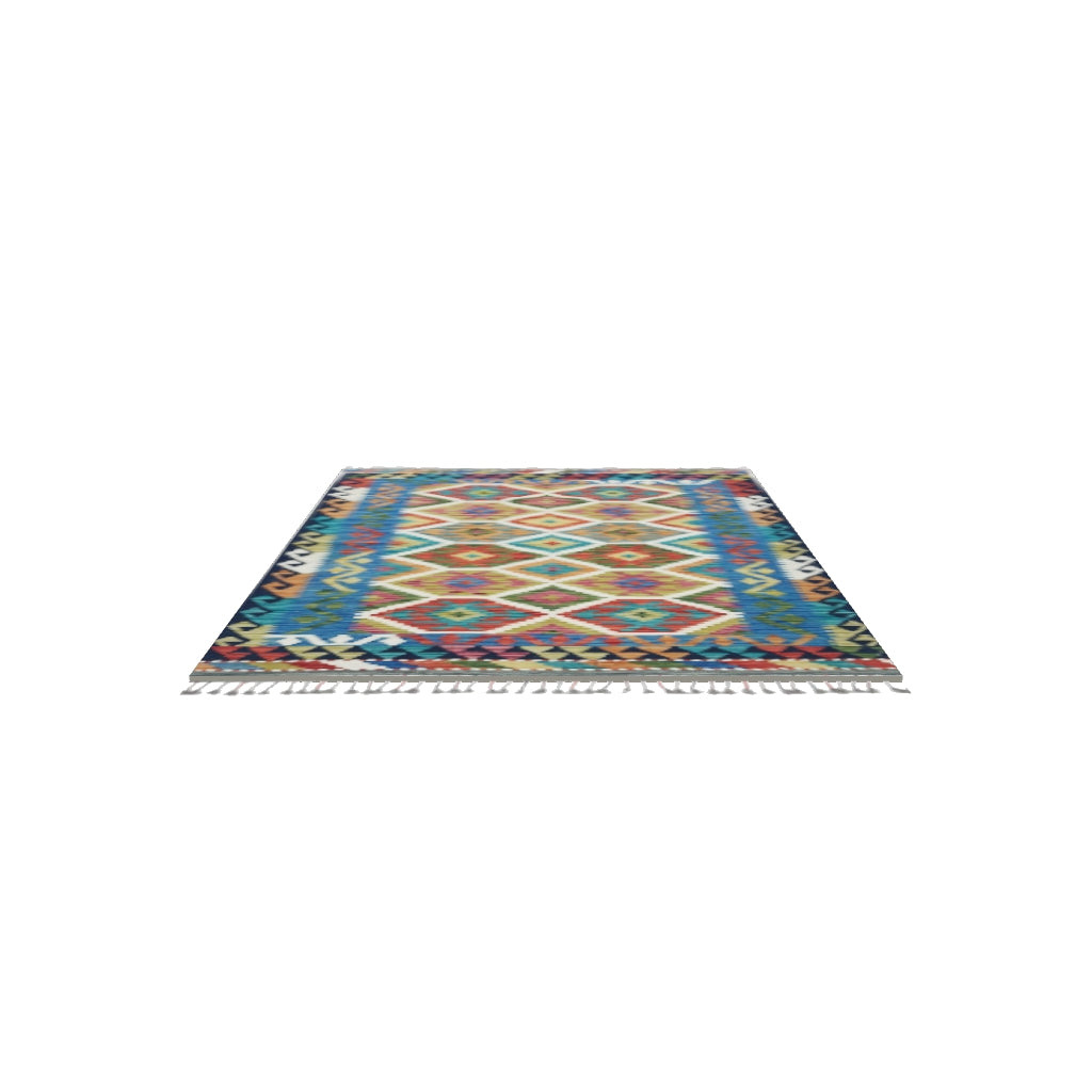 Afghan Kilim Rug 3x5 | Teal, Navy & Rust | Hand-Woven Wool Flatweave | True-Size 3D Rug | View in Your Room