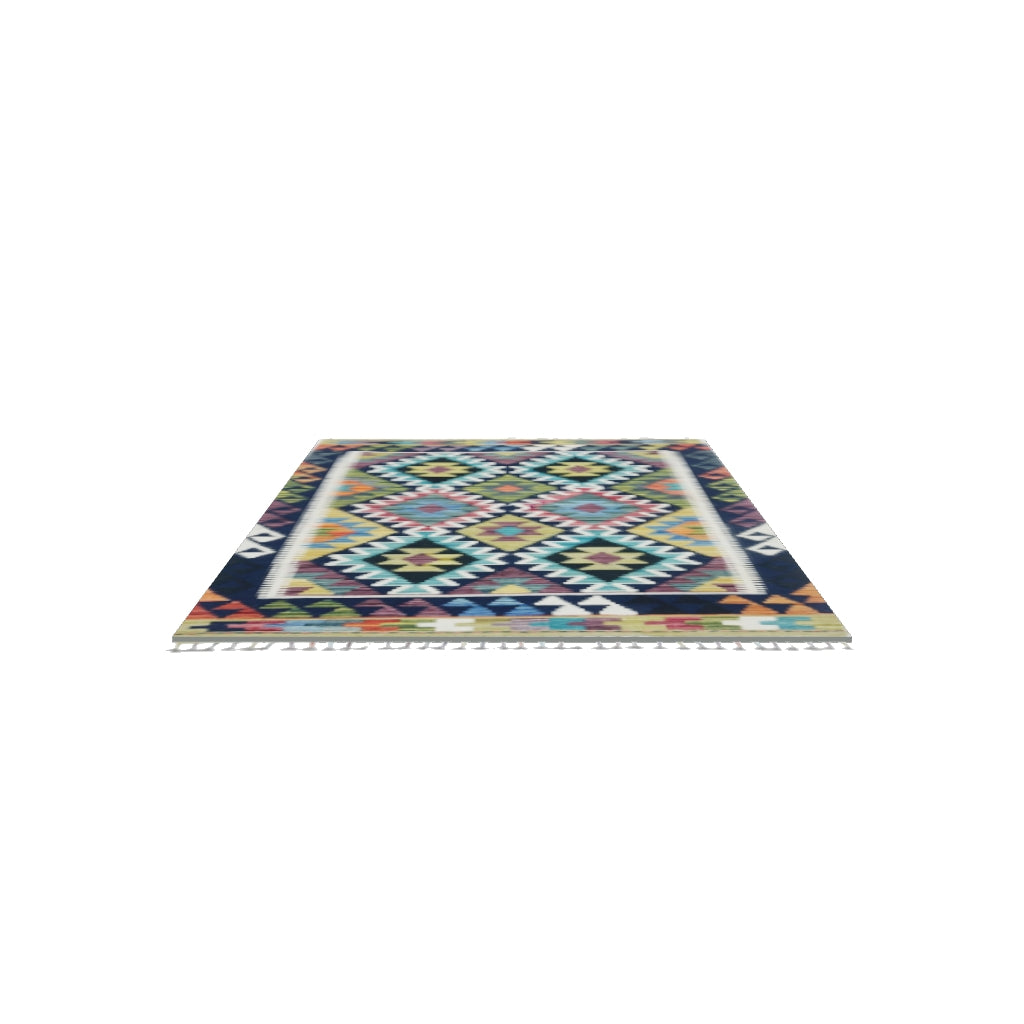 Afghan Kilim Rug 3x5 | Navy, Olive Green & Teal | Hand-Woven Wool Flatweave | True-Size 3D Rug | View in Your Room