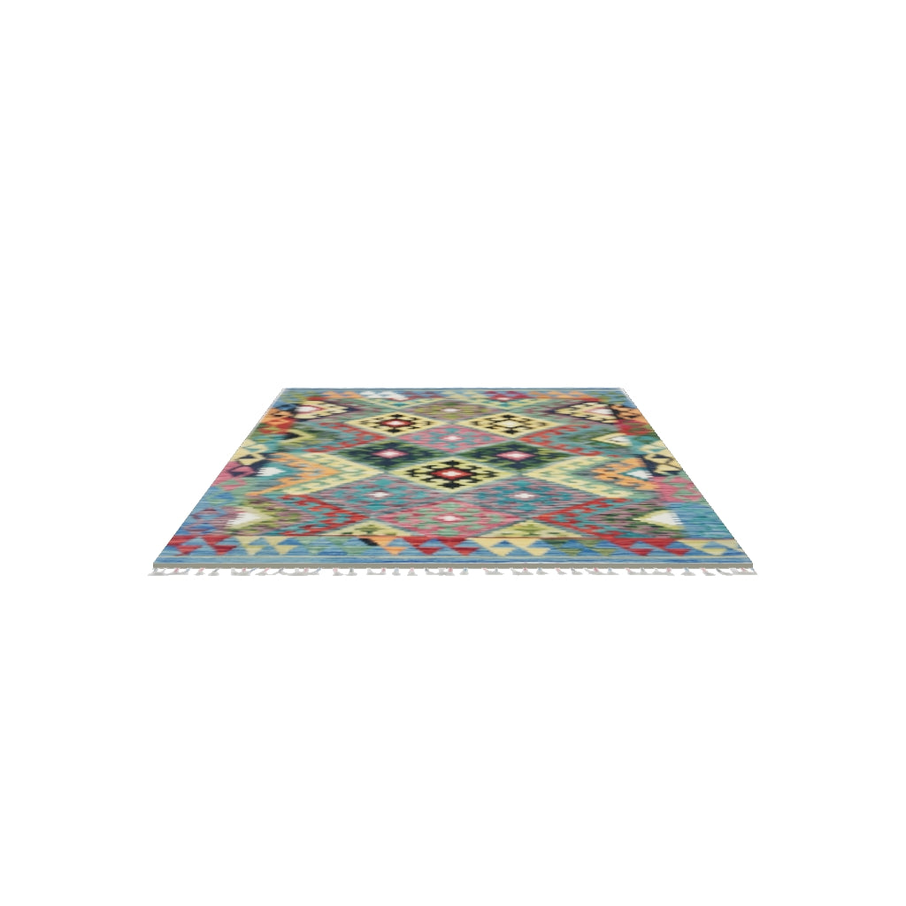 Afghan Kilim Rug 4x5 | Green, Teal & Pink | Hand-Woven Wool Flatweave | True-Size 3D Rug | View in Your Room