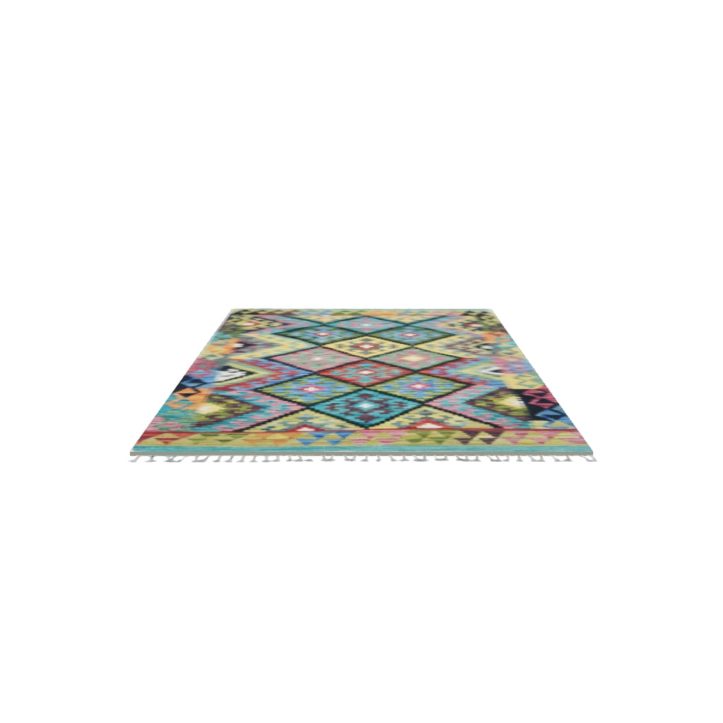 Afghan Kilim Rug 3x5 | Olive Green, Teal & Gold | Diamond Lattice Wool Flatweave | True-Size 3D Rug | View in Your Room