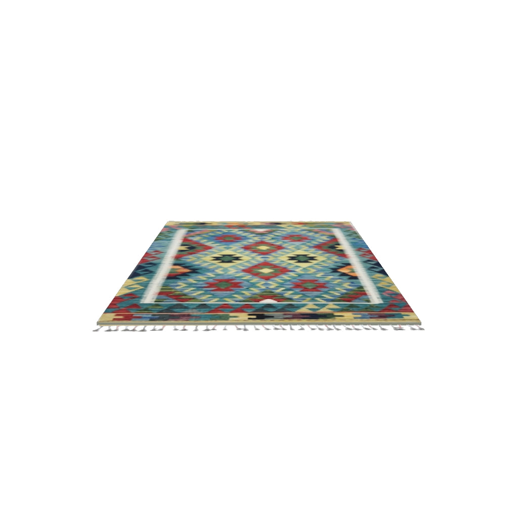 Afghan Kilim Rug 3x5 | Blue, Red & Gold | Hand-Woven Wool Flatweave | True-Size 3D Rug | View in Your Room