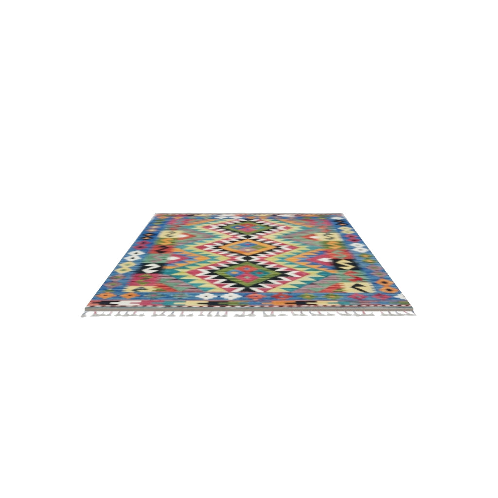 Afghan Kilim Rug 3x5 | Blue, Teal & Pink | Hand-Woven Wool Flatweave | True-Size 3D Rug | View in Your Room