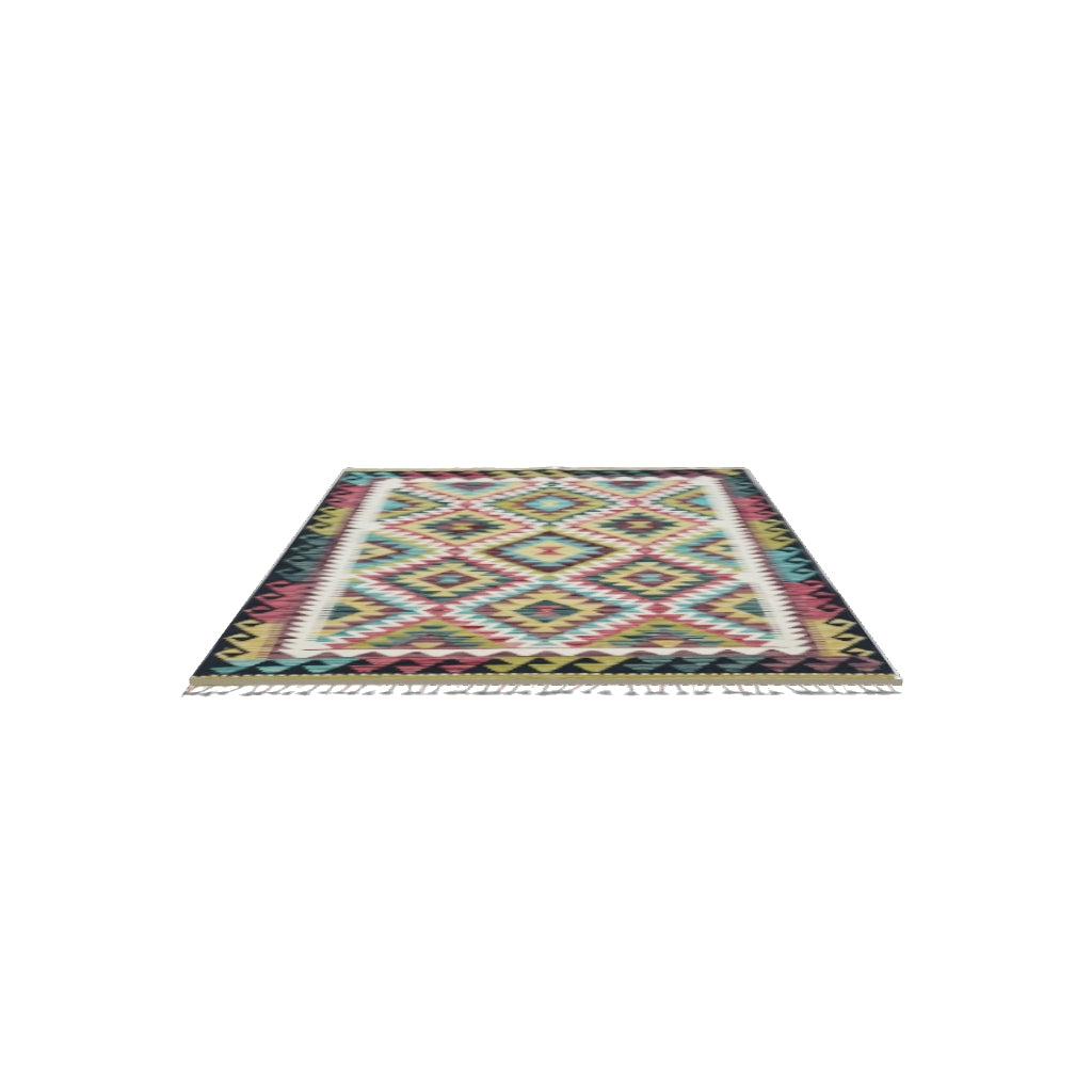 Afghan Kilim Rug 3x5 | Black, Pink & Olive Green | Hand-Woven Wool Flatweave | True-Size 3D Rug | View in Your Room