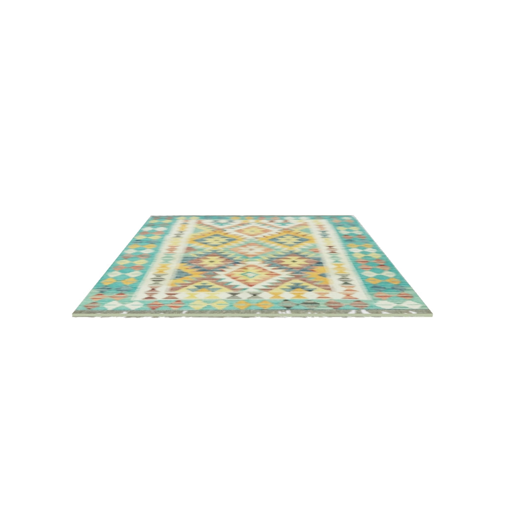 Afghan Kilim Rug 3x5 | Teal, Orange & Ivory | Diamond Medallion Wool Flatweave | True-Size 3D Rug | View in Your Room