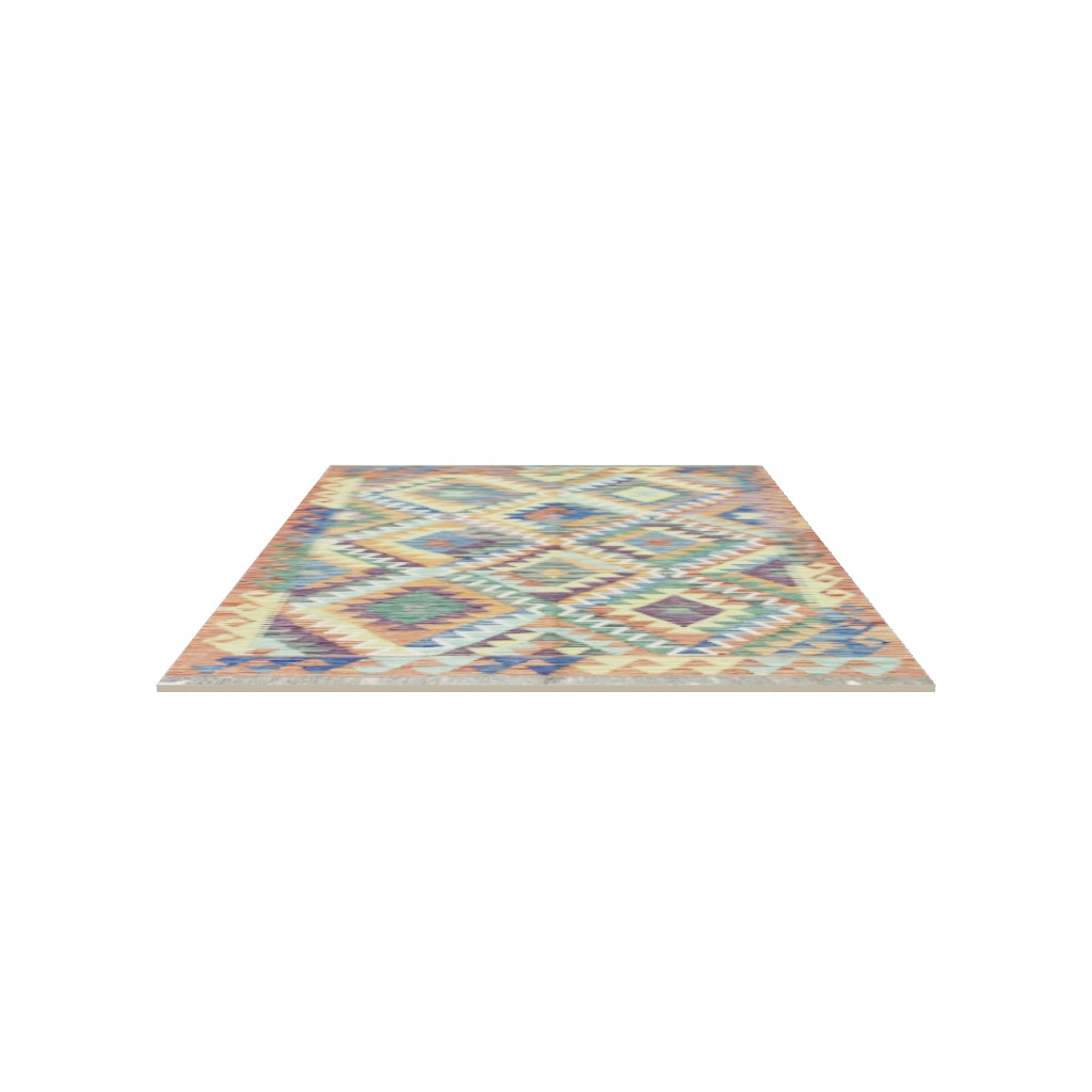 Afghan Kilim Rug 3x5 | Rust, Gold & Teal | Hand-Woven Wool Flatweave | True-Size 3D Rug | View in Your Room