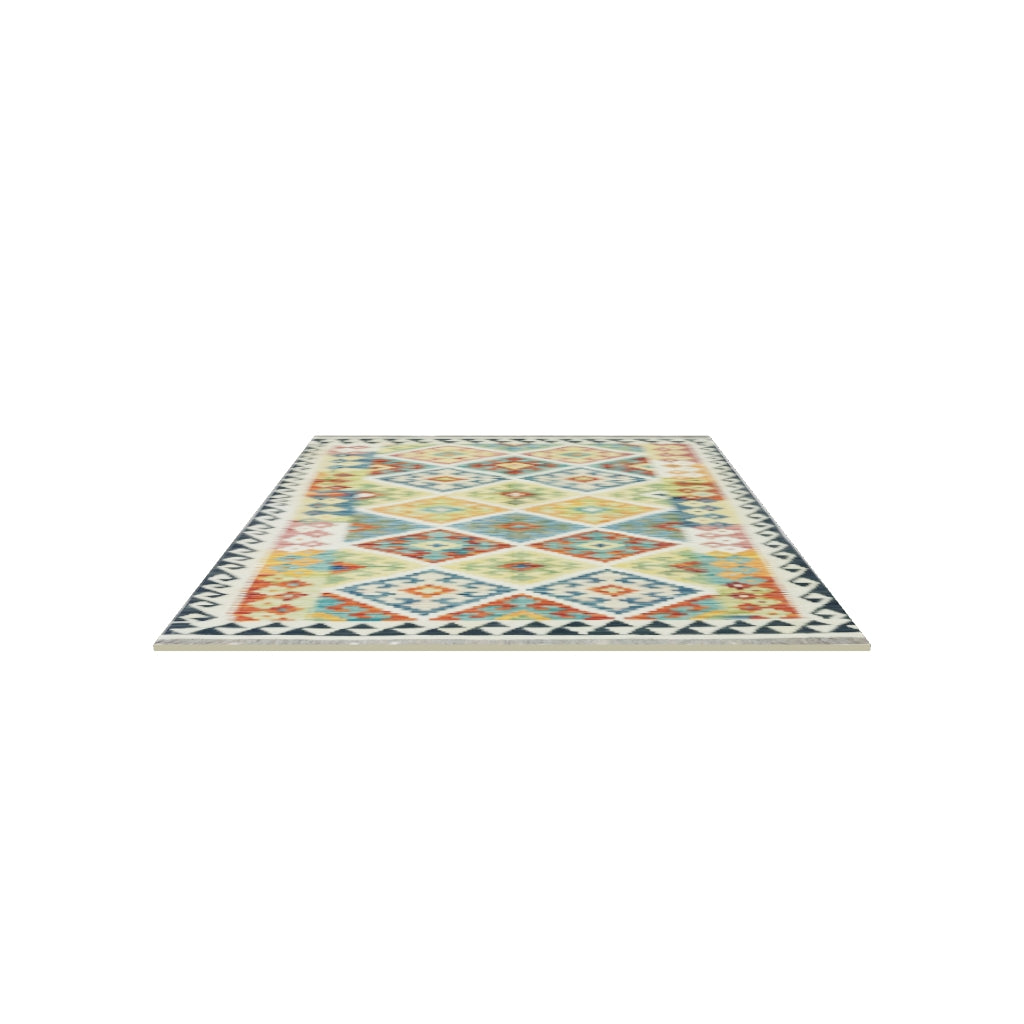 Afghan Kilim Rug 3x5 | Ivory, Rust & Navy | Hand-Woven Wool Flatweave | True-Size 3D Rug | View in Your Room